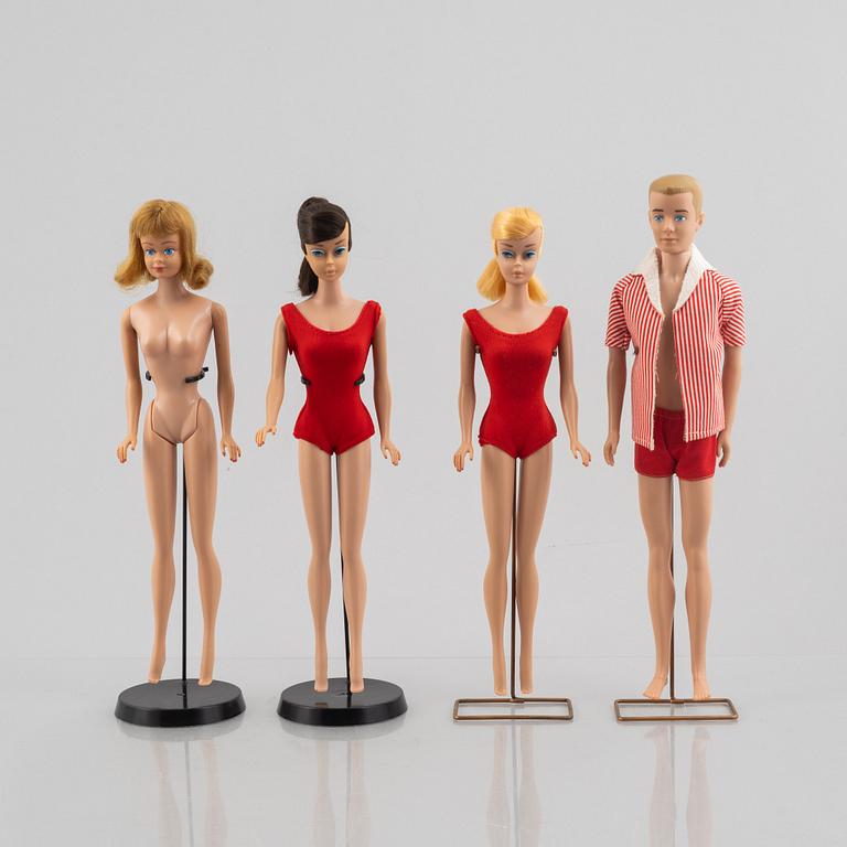 Barbiedockor, 4 st, Bl a "Barbie Swirl Ponytail Blonde" & "Barbie Swirl Ponytail Brunette", Mattel, 1960-tal.