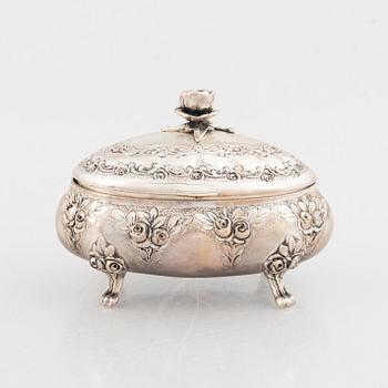 Sugar box, silver 830, Swedish import mark, and sugar tongs, sterling silver, Georg Jensen, Denmark.