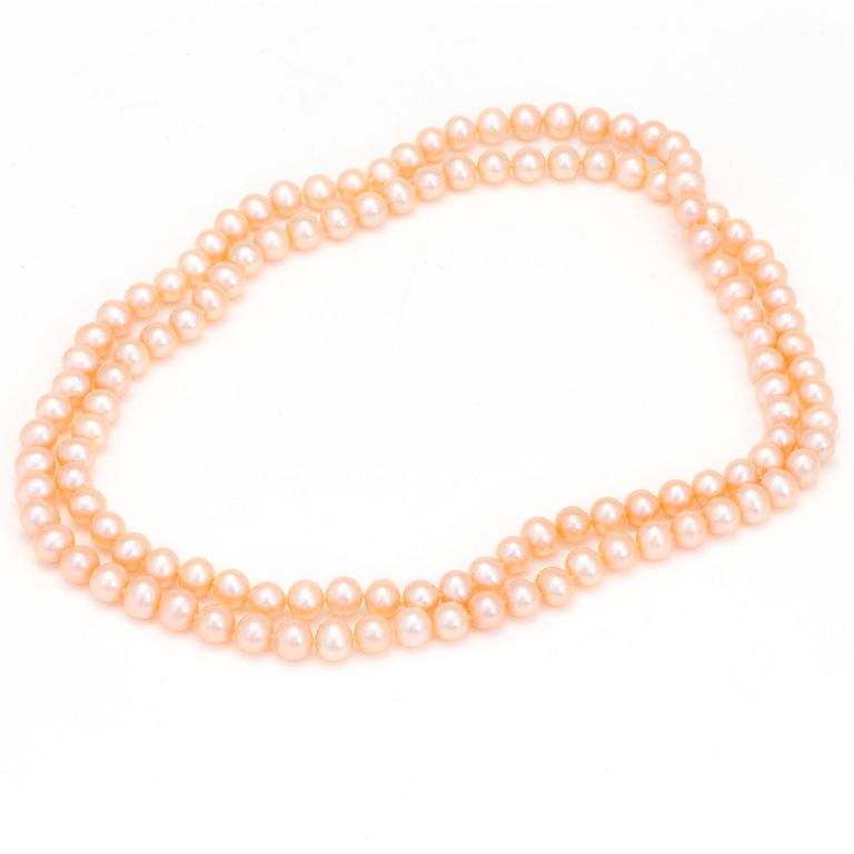 A necklace with cultured, fresh-water pearls.