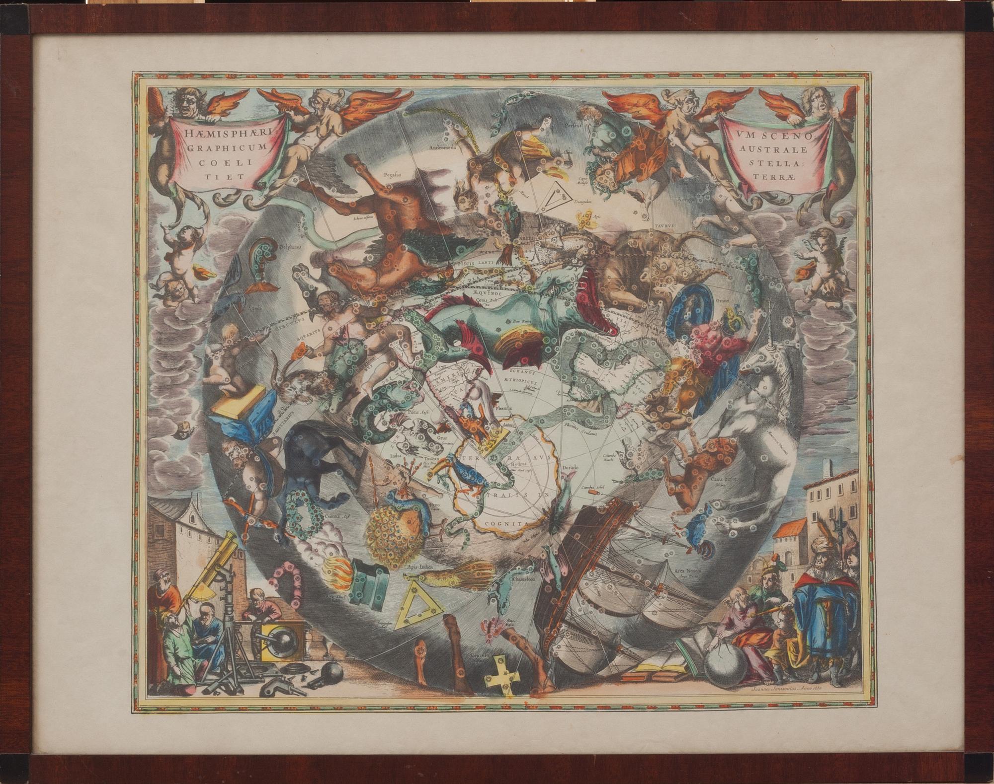 KARTA, efter Joannes Janssonius, anno 1660. Hemisfären- "Graphicum Coeli Tiet".
