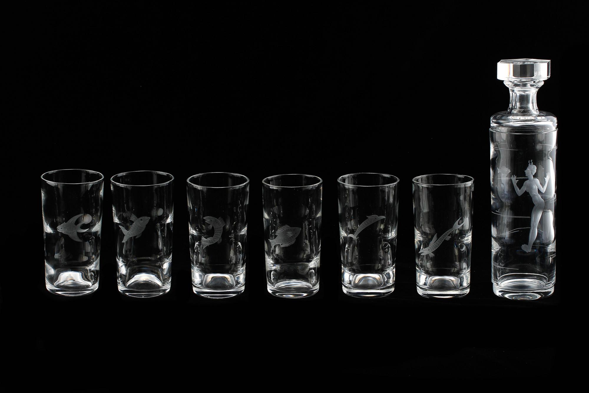 GLAS, 6 st, samt KARAFF, glas, Kosta, 1930/40-tal.