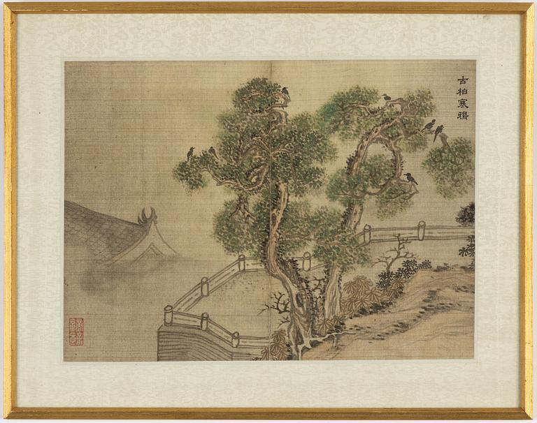 Målningar, två stycken, oidentifierade konstnärer, akvarell och tusch på siden resp papper, Kina, 1900-tal.