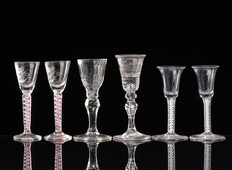 A set of six odd English ale glasses, 18th Century.