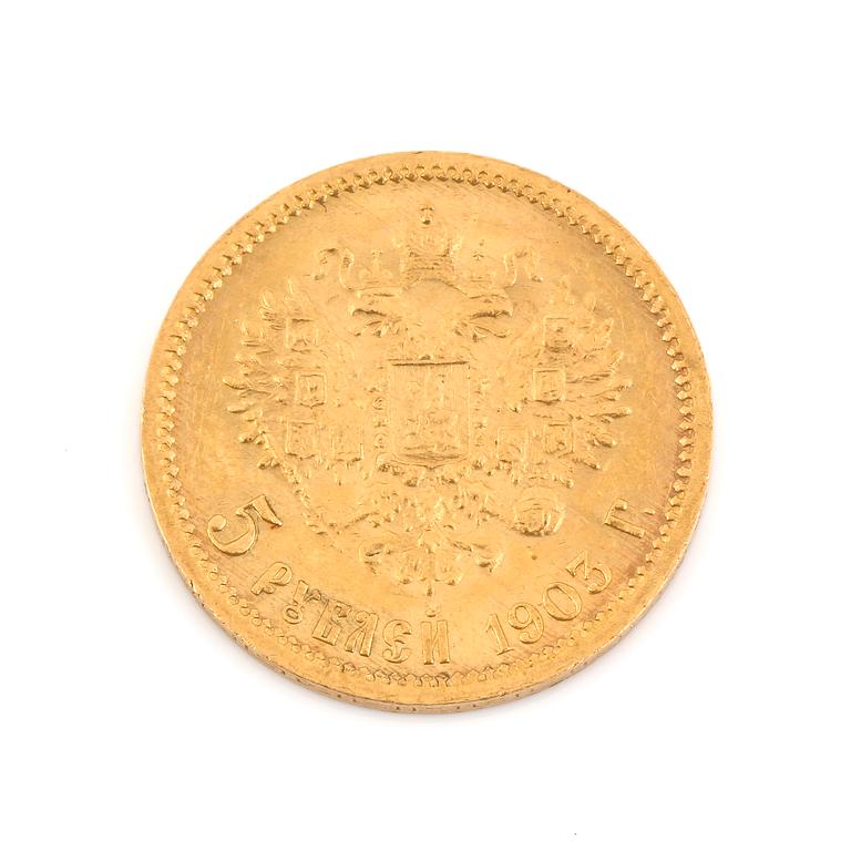 GULDMYNT, 5 Rubel, Nikolaj II, Ryssland 1903. Vikt ca 3 gram.