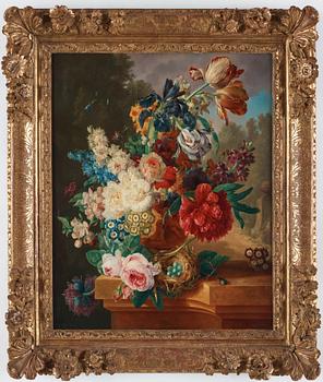 Gerrit Johan van Leeuwen, Still life with an urn with flowers, a birdsnest and insects.