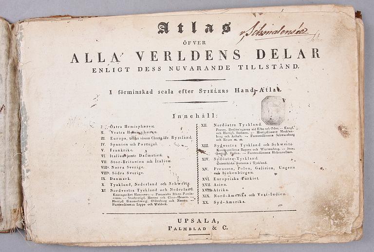 BOK, "Alla verldens delar enligt dess nuvarande tillstånd i förminskad scala efter Stielers hand-atlas.".