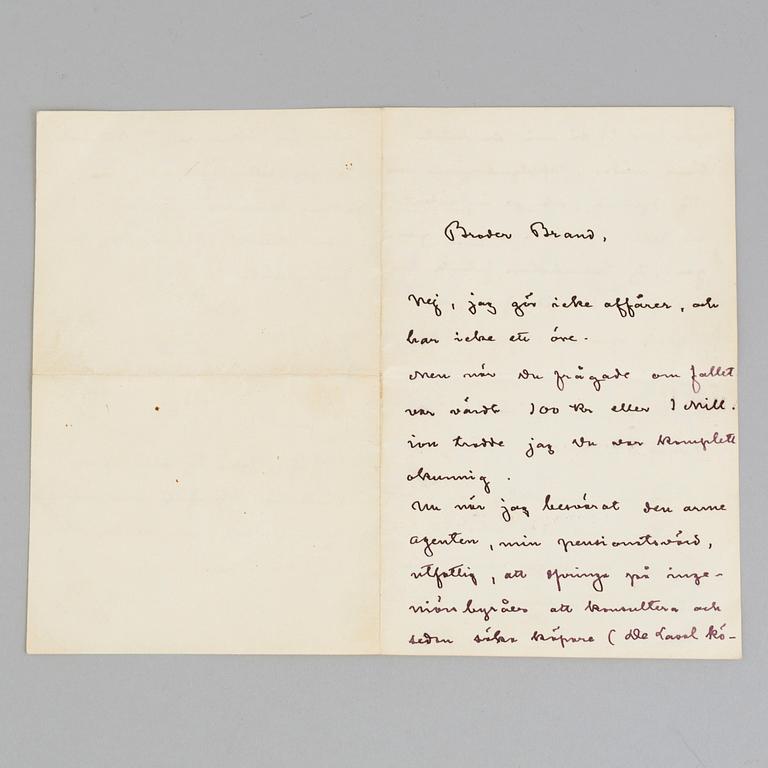 A letter by, August Strindberg dated 1910.