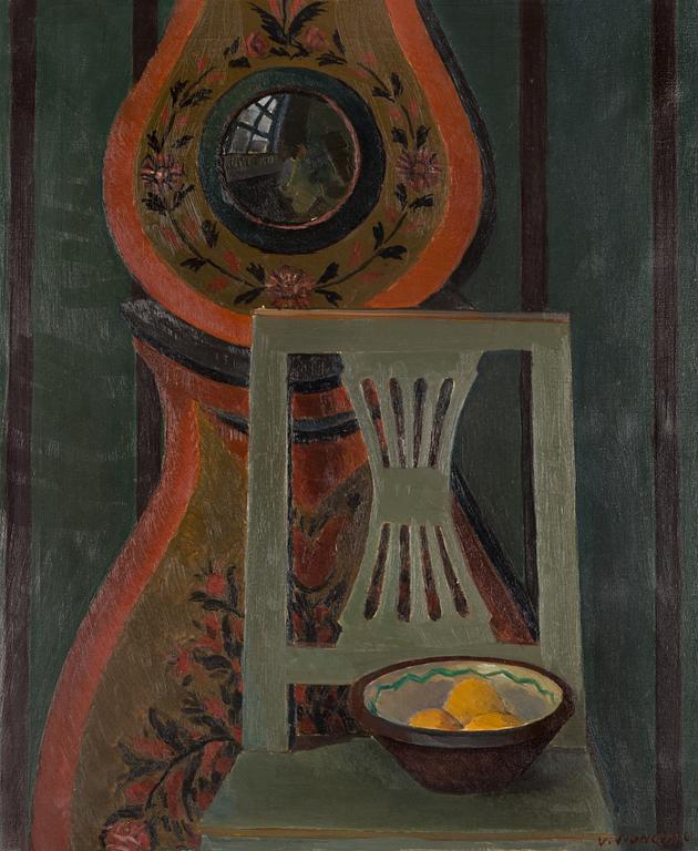 Veikko Vionoja, Still life with a chair and longcase clock.