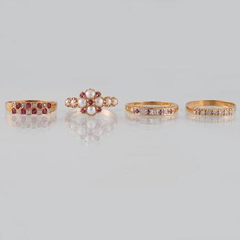 RINGAR, 4 st, 18K guld med briljant och åttkantslipade diamanter, odlade pärlor samt fasettslipade rubiner. Vikt 11,5 g.