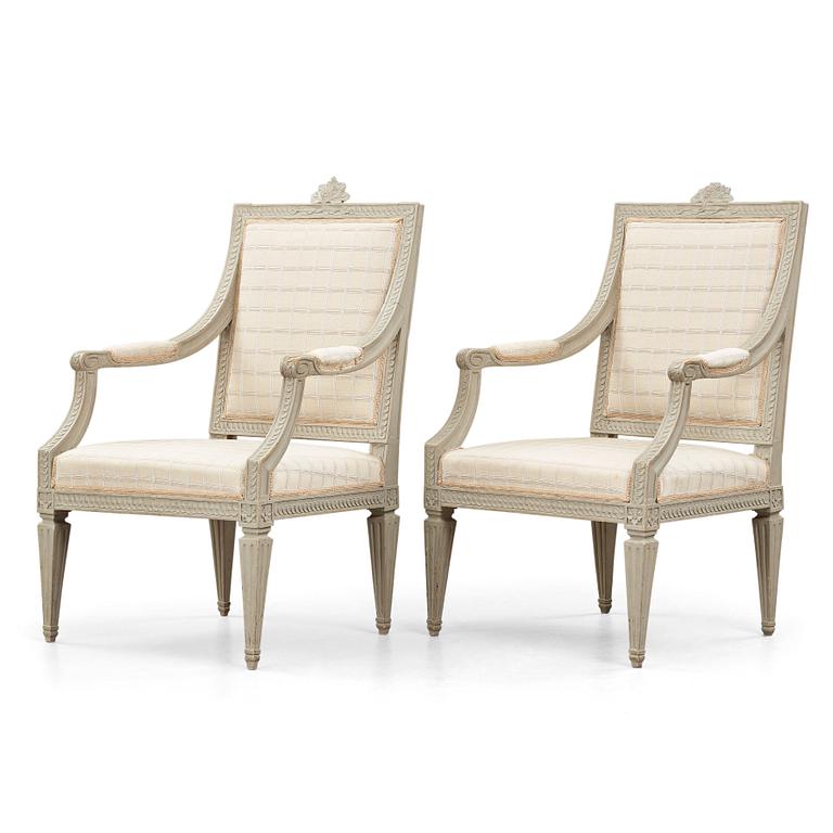 A pair of Gustavian late 18th century armchairs by Johan Erik Höglander (master in Stockholm 1777).