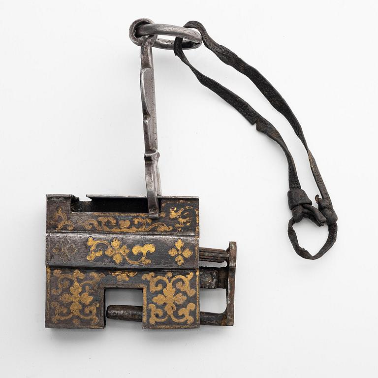 A large iron, silver and gold lock, Tibet, 17th/18th century.