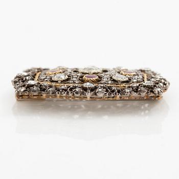 Buccellati brosch 14K guld och silver med gammal- och rosenslipade diamanter och rubiner.