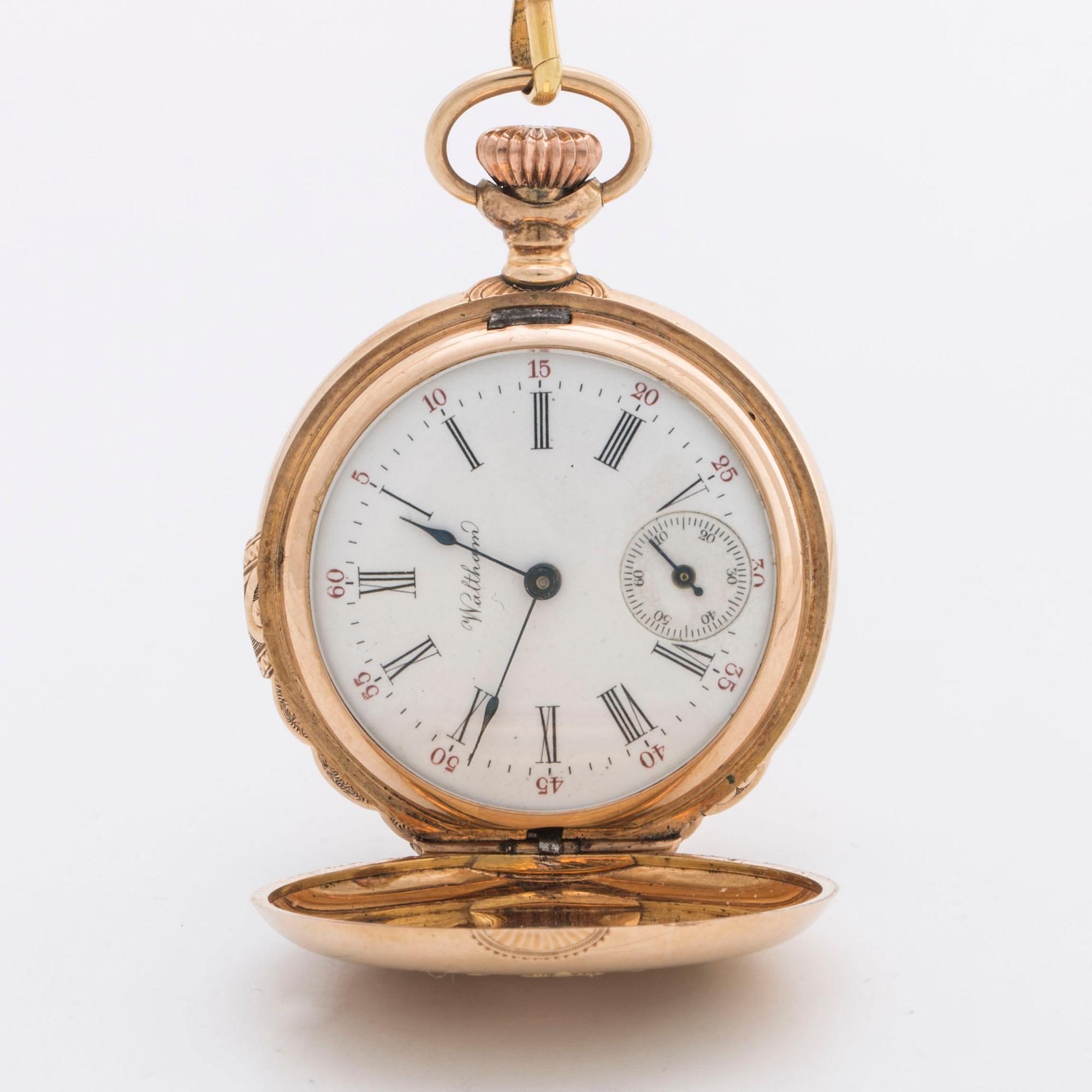 POCKET WATCH 14K gold Waltham and CHAIN 18K gold w 7 old-cut diamonds, 33 mm.