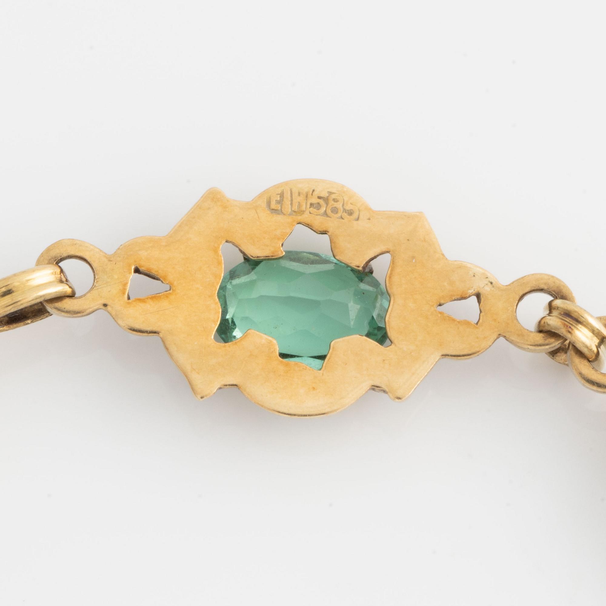 Necklace gold with green tourmalines and enamel.