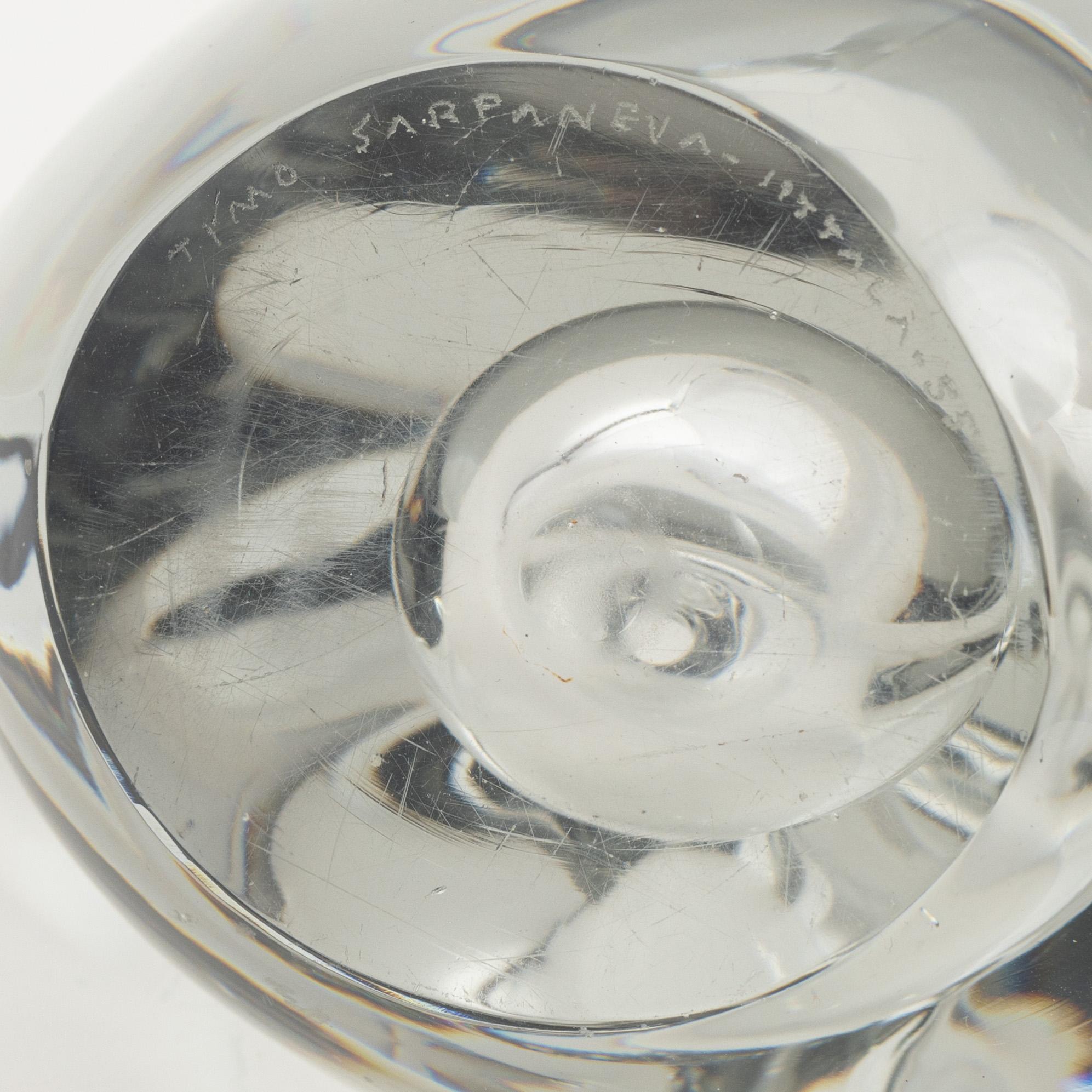Timo Sarpaneva, a 3567 glass sculpture, 'Sitting bird', Iittala, Finland, singed and dated 1955.