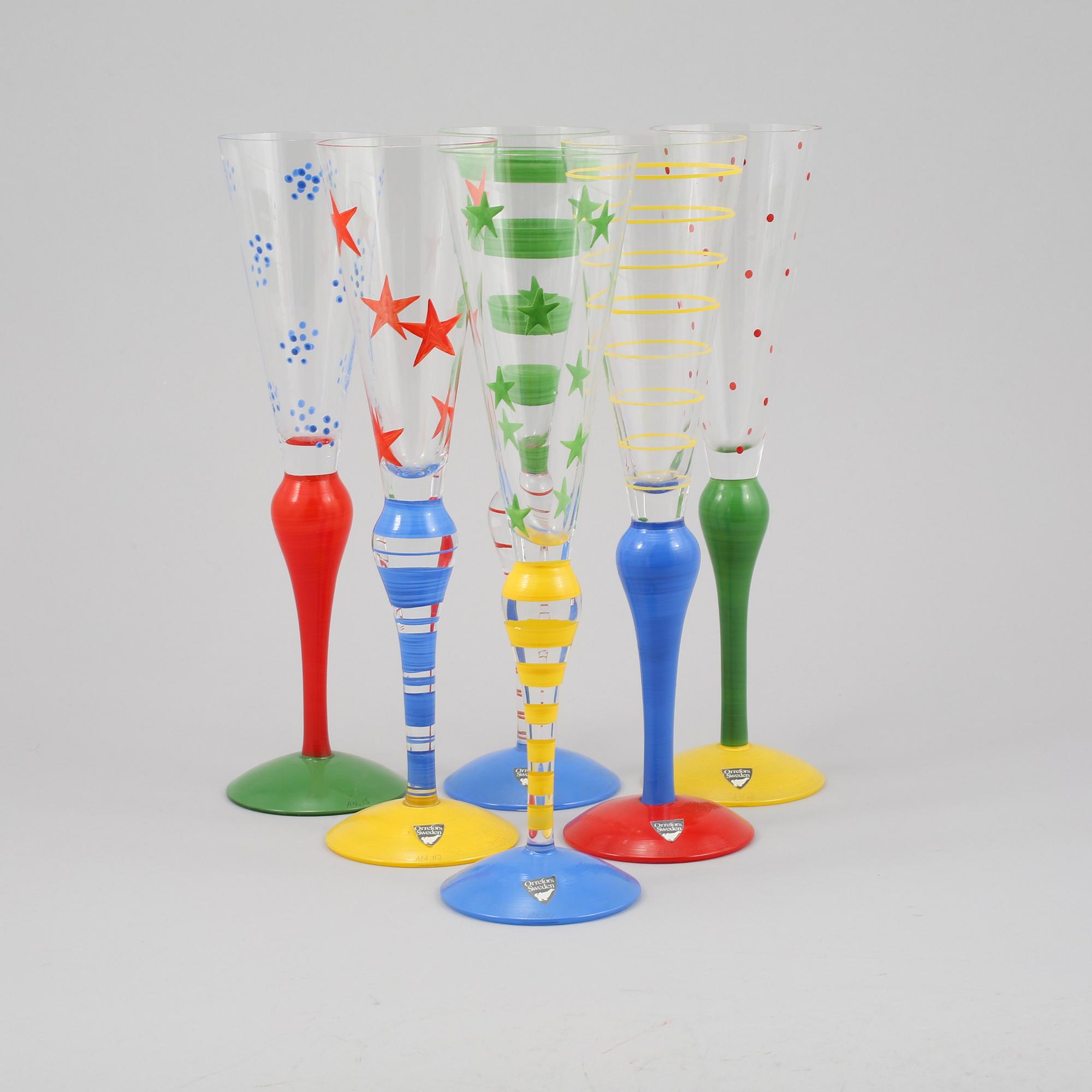 CHAMPAGNEGLAS, 6 st, glas, "Clown", Anne Nilsson, Orrefors, sent 1900-tal.