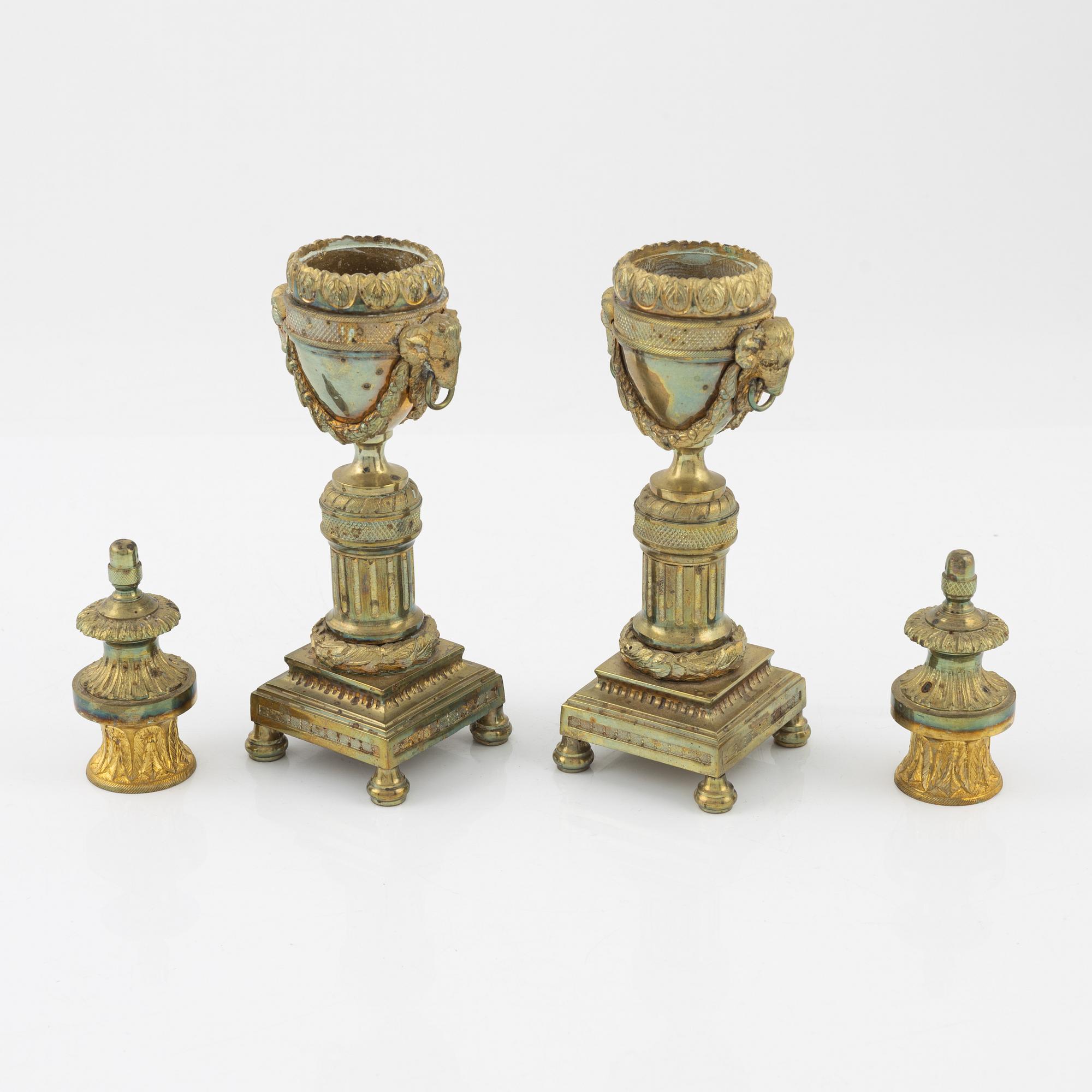 A pair Louis XVI-style gilt brass cassolettes, circa 1900.