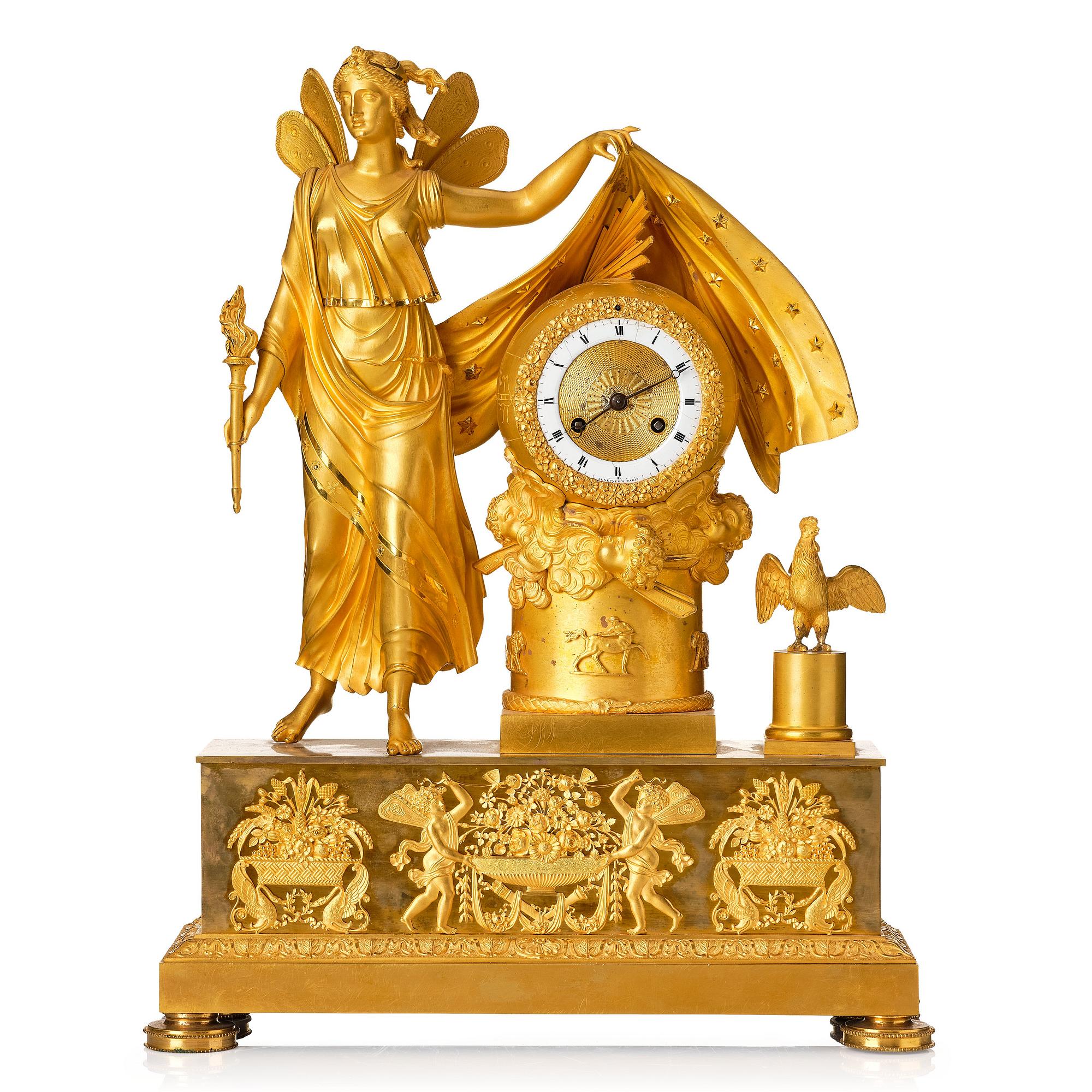 A French Empire mantel clock. Marked "LE NEPVEU A PARIS".