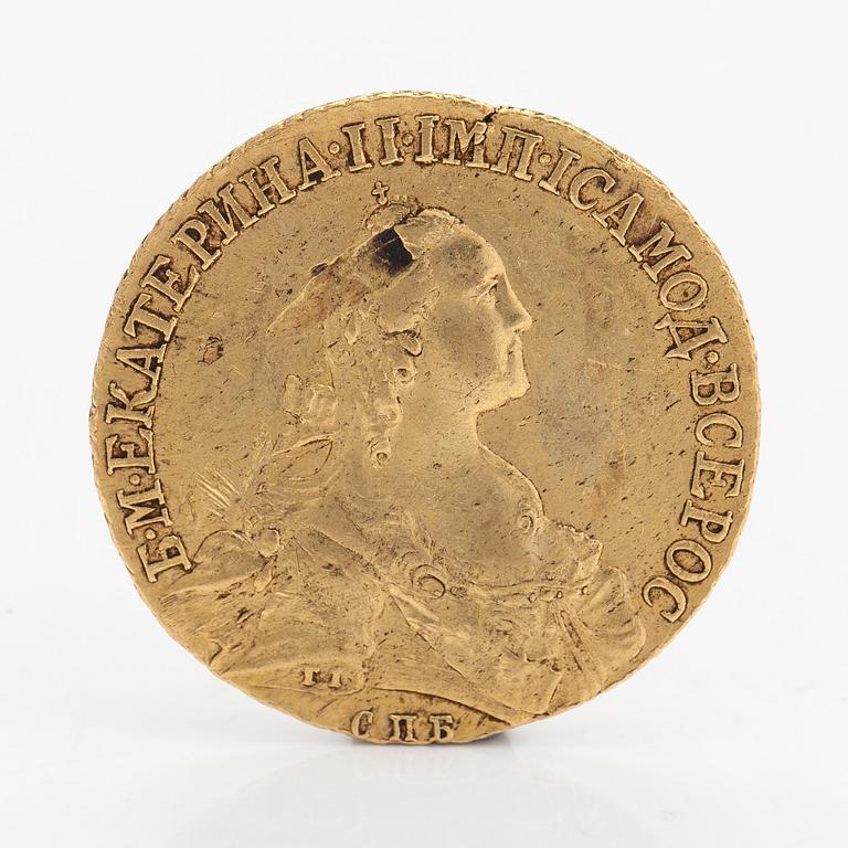 A Catherine II gold coin, 10 Roubles, Russia 1766.