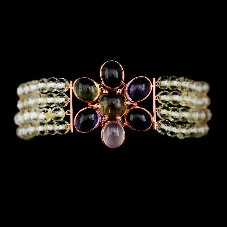 ARMBAND, silver förgyllt i roséguld, olikfärgade ädelstenar.