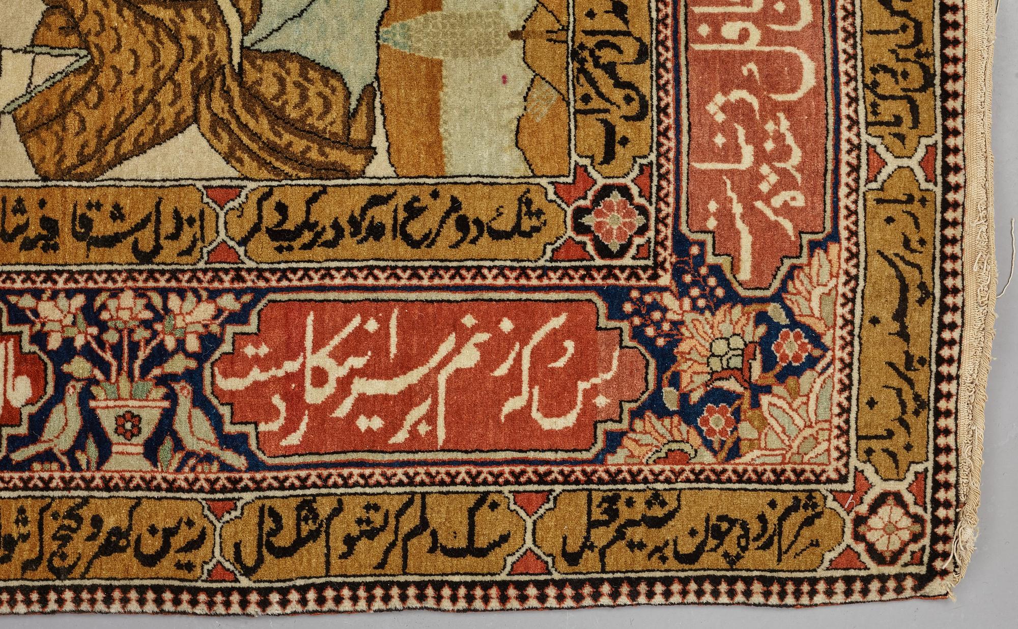 A RUG, a semi-antique Kashan figural, possibly Motachem, ca 202 x 140 cm.