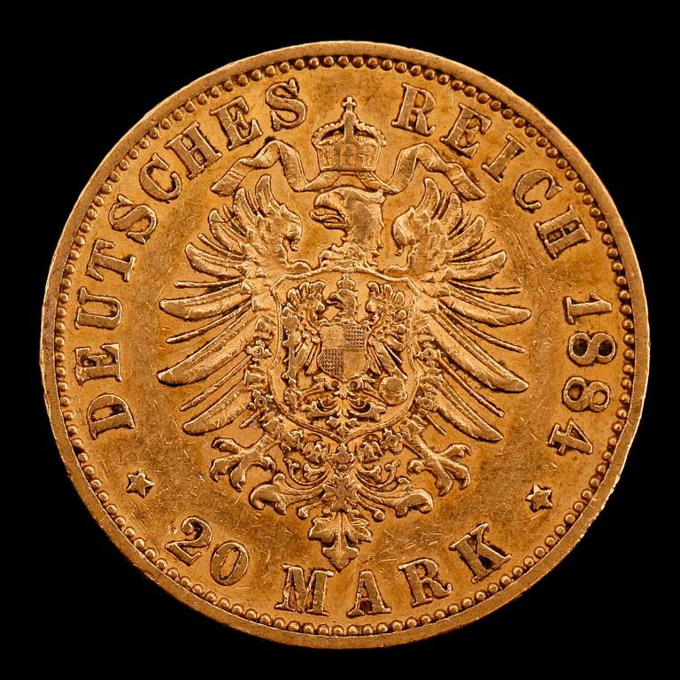 GULDMYNT, Kaiser Wilhelm, 20 mark, 1884. Vikt ca 8 g.