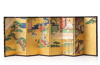 618. A Japanese eight panel screen, Meiji period (1868-1912).