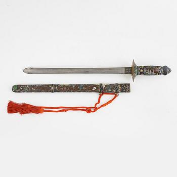 A japanese Ken-style sword with scabbard and handle in cloisonne with floral and animal motives, probably Meiji period.