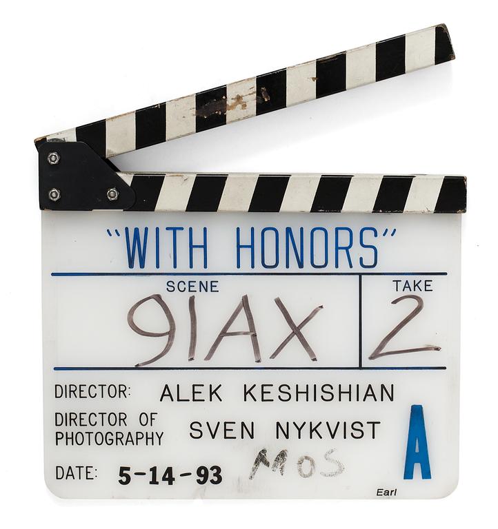 CLAPPER BOARD from the movie-making of the movie "With Honors", USA 1993. Director: Alek Keshishian.