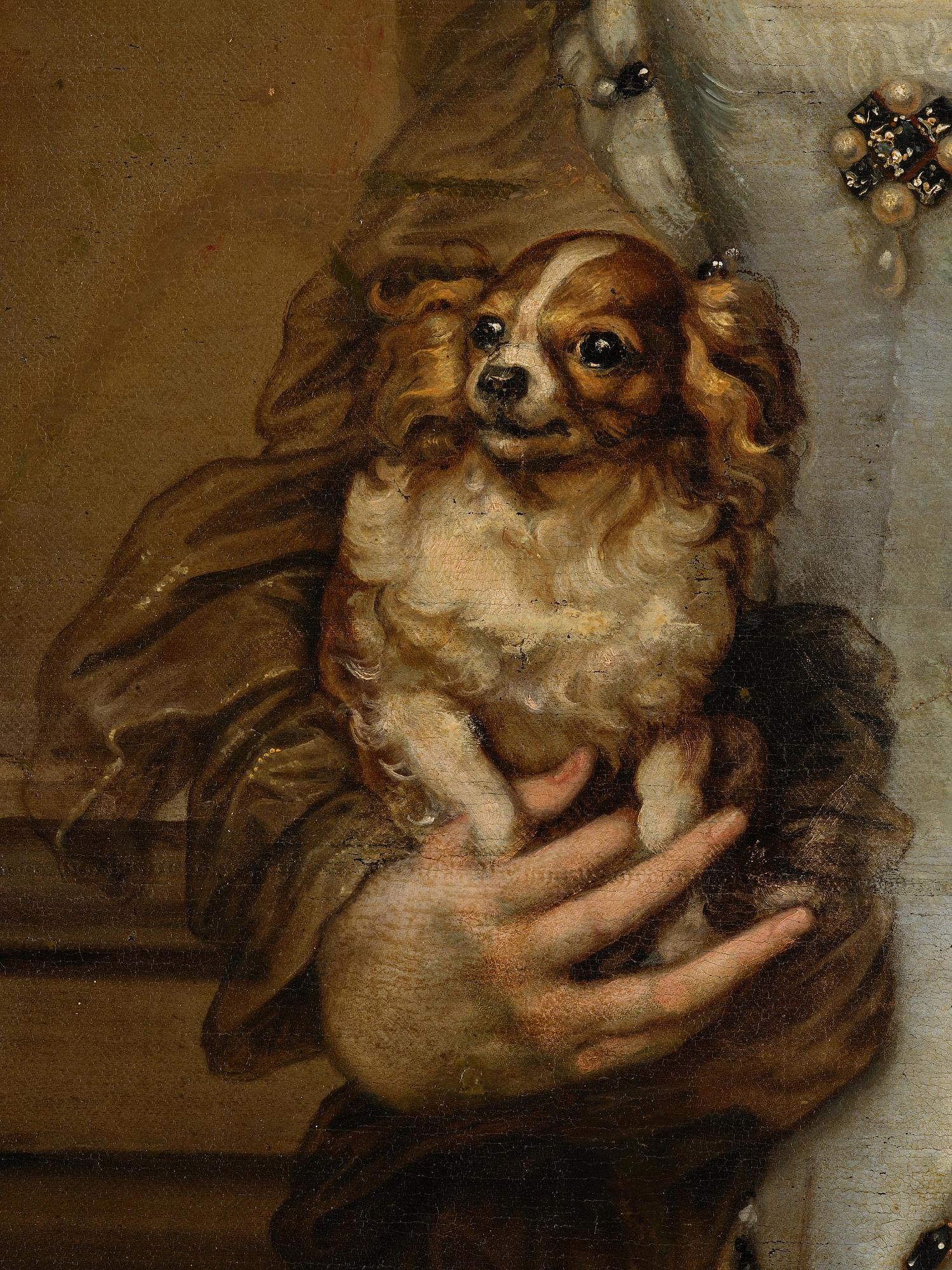 Adriaen Hanneman, Half-length portrait of a woman with a dog (Portret van een dame).