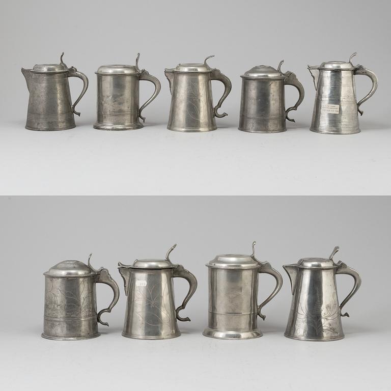 A Swedish pewter lidded porridge bowl , mark of Gustaf Silow (1848-75) and nine 19th century pewter tankards.