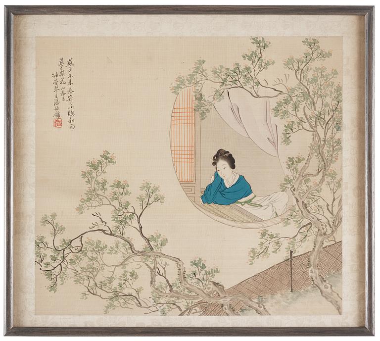 MÅLNINGAR, fyra stycken, akvarell och tusch på silke, sen Qingdynasti, attibuerad till Pan Zhenyong (1852-1921).
