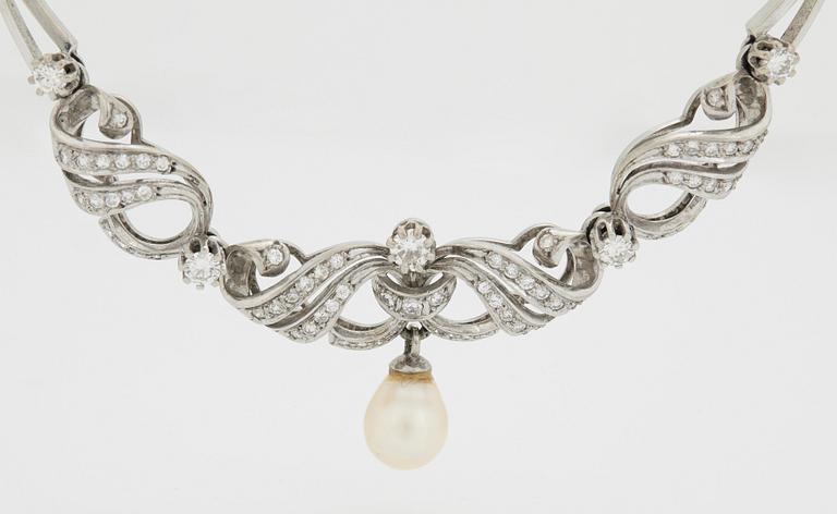 A NECKLACE set with round brilliant-cut diamonds and cultured pearls.