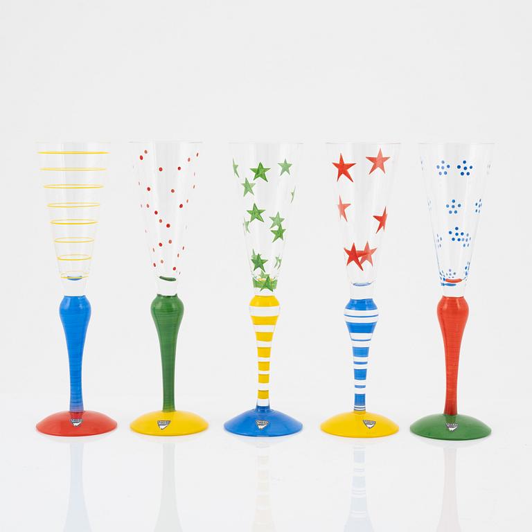 Anne Nilsson, eight 'Clown' champagne glasses,  Orrefors, Sweden, signed.