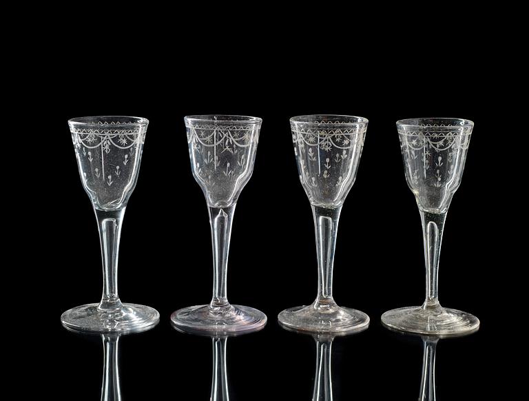 A set of four Swedish wine goblets, second half of 18th Century, presumably by Cedersberg.