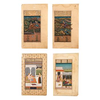 571. ALBUMBLAD, fyra stycken, bläck och färg på papper med förgyllda detaljer. Indien, sent 1800-tal.