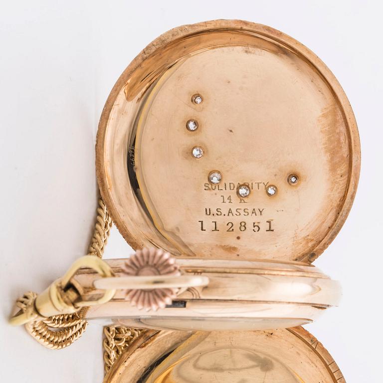 POCKET WATCH 14K gold Waltham and CHAIN 18K gold w 7 old-cut diamonds, 33 mm.