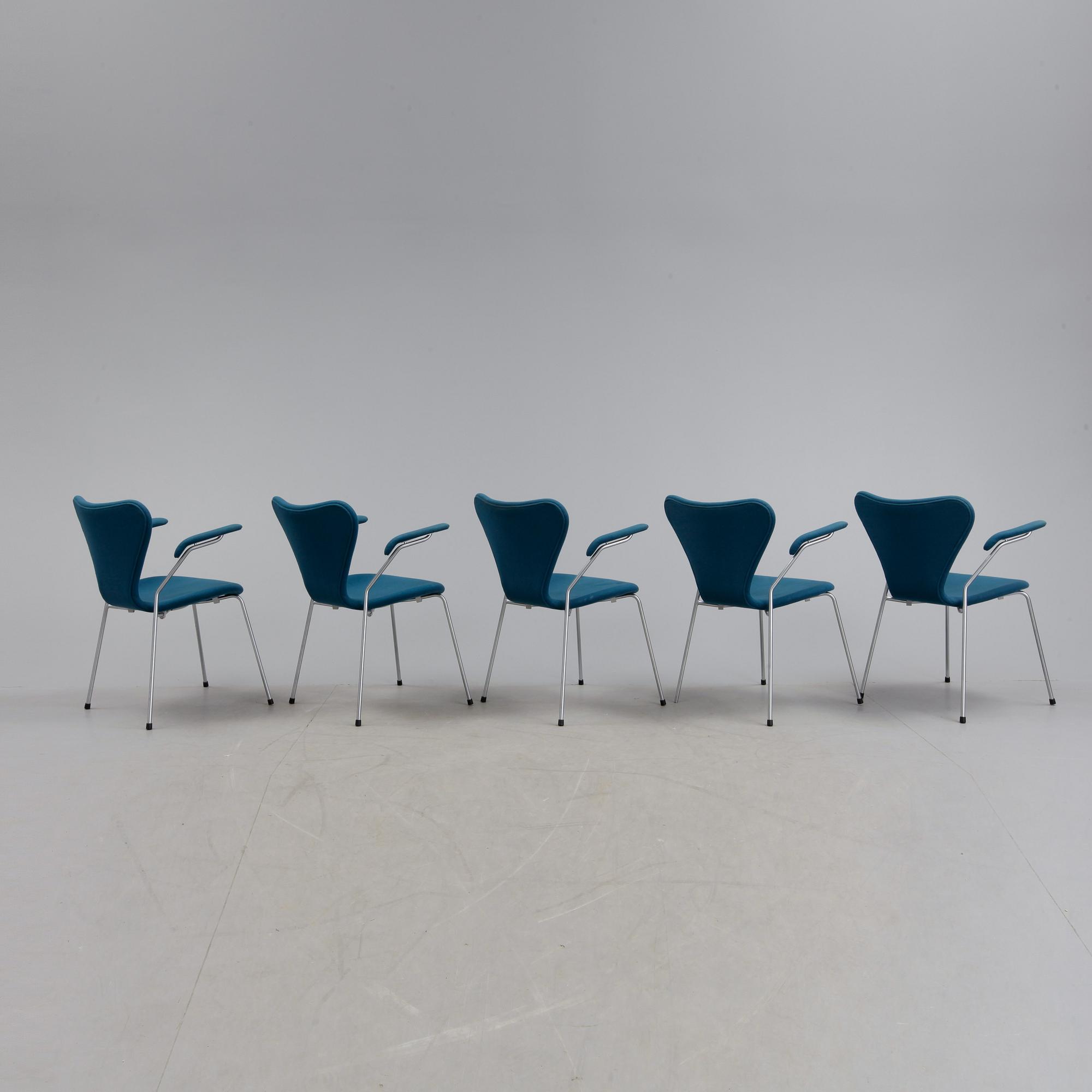 KARMSTOLAR, 5 st, "Sjuan", Arne Jacobsen för Fritz Hansen, formgiven 1955.