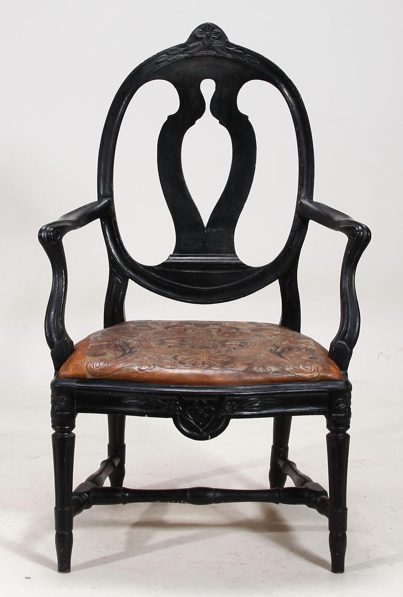 KARMSTOL, delvis gustaviansk. Märkt Melchior Lundberg Stockholm, sent 1700-tal.