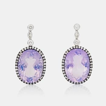 551. A pair of lavender quartz and brilliant-cut diamond earrings.