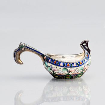 A Russian early 20th century silver and enameled kovsh, mark of the 26th Artel, Moscow 1908-1917.