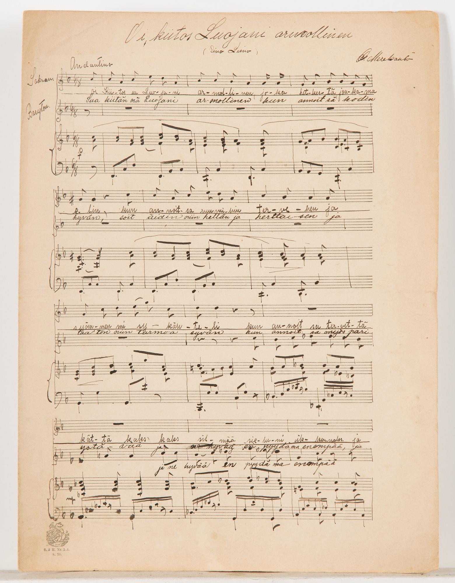 Oskar Merikanto, handwritten sheet music, Oi, kiitos sä Luojani armollinen", op. 62, no. 2 of duets, 3 pages, 1906.
