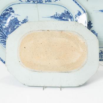 A group of three Chinese blue and white porcelain serving dishes and five dessert plates, Qing dynasty, Qianlong(1736-95.