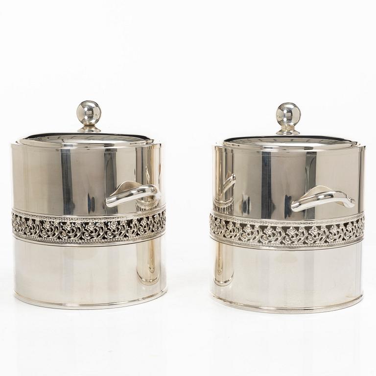 Ice buckets with lids, a pair, silver-plated, Mazzucconi Firenze, Italy.