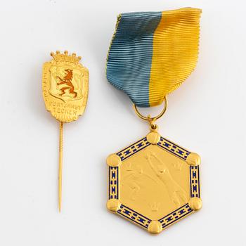 MEDALJ och PIN,  18k guld, Svenska och Smålands Fotbollförbund.