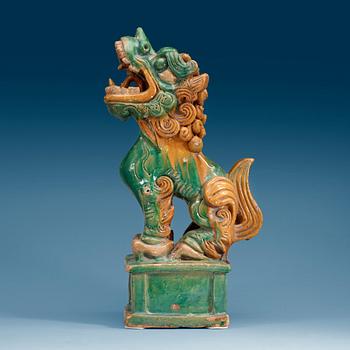 1342. A green and yellow glazed pottery figure of a buddhist lion, presumably Ming dynasty.