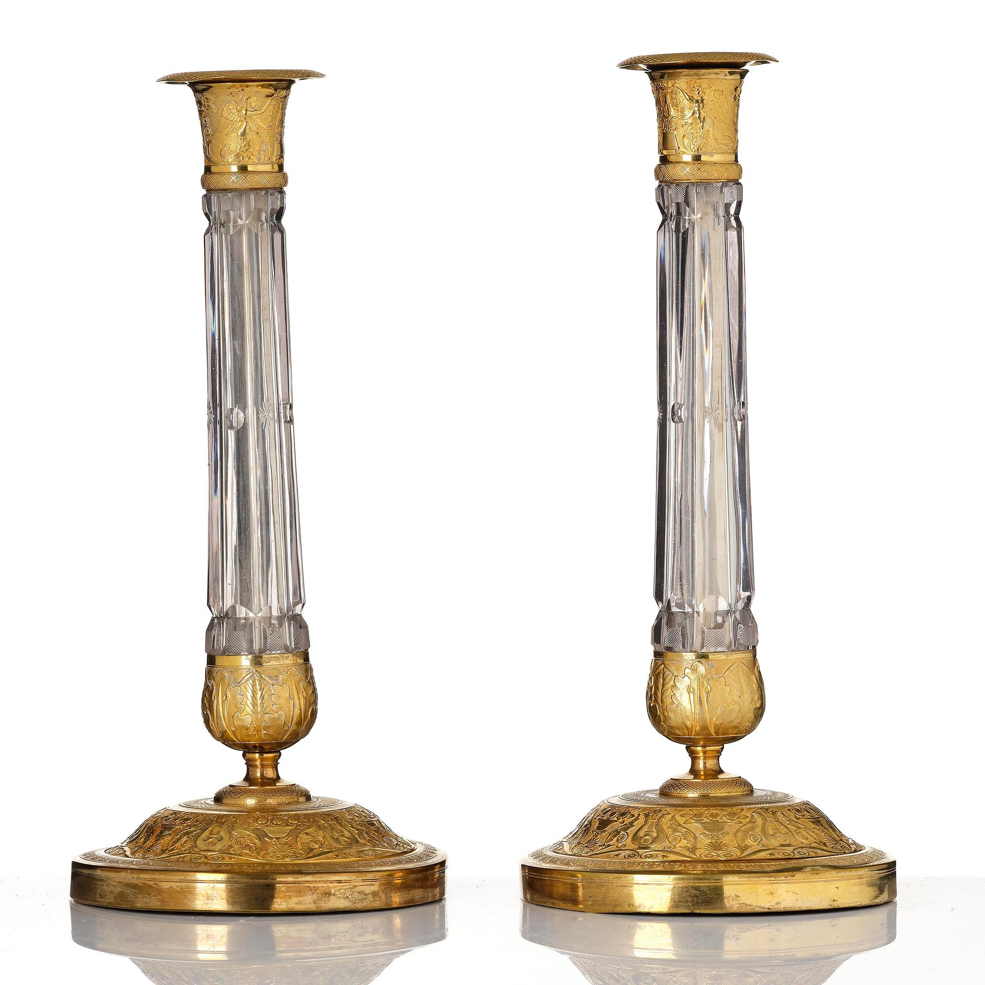 A pair of Russian ormolu and cut-glass Empire candlesticks, presumably St Petersburg, ca 1820.