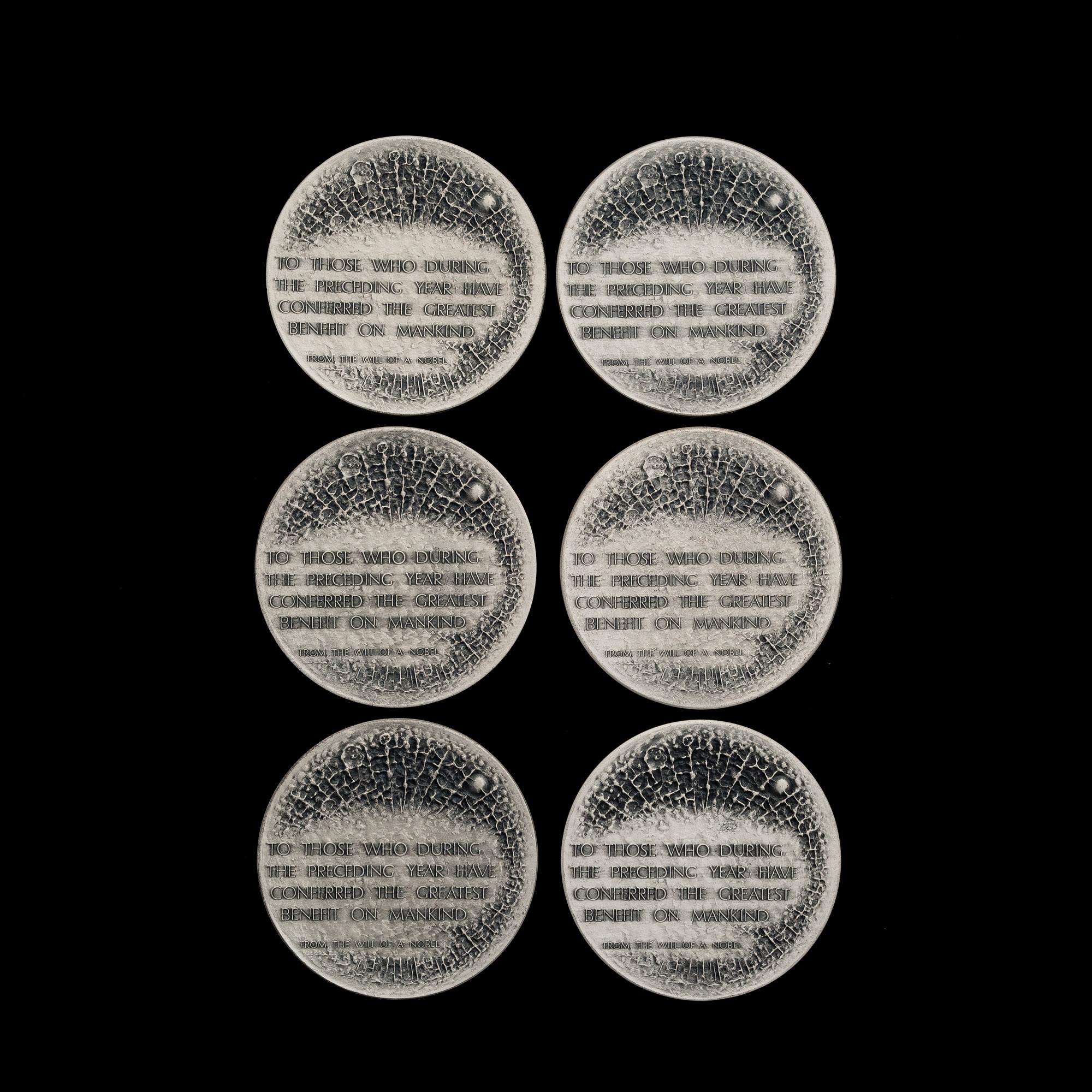 A SET OF SIX SILVER COLLECTORS COINS, Nobel Price Winners 1971 from Sporrong, Sweden.