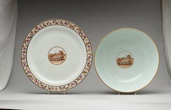 A pair of European subject famille rose punch bowls with stands, Qing dynasty, Jiaqing (1796-1820).