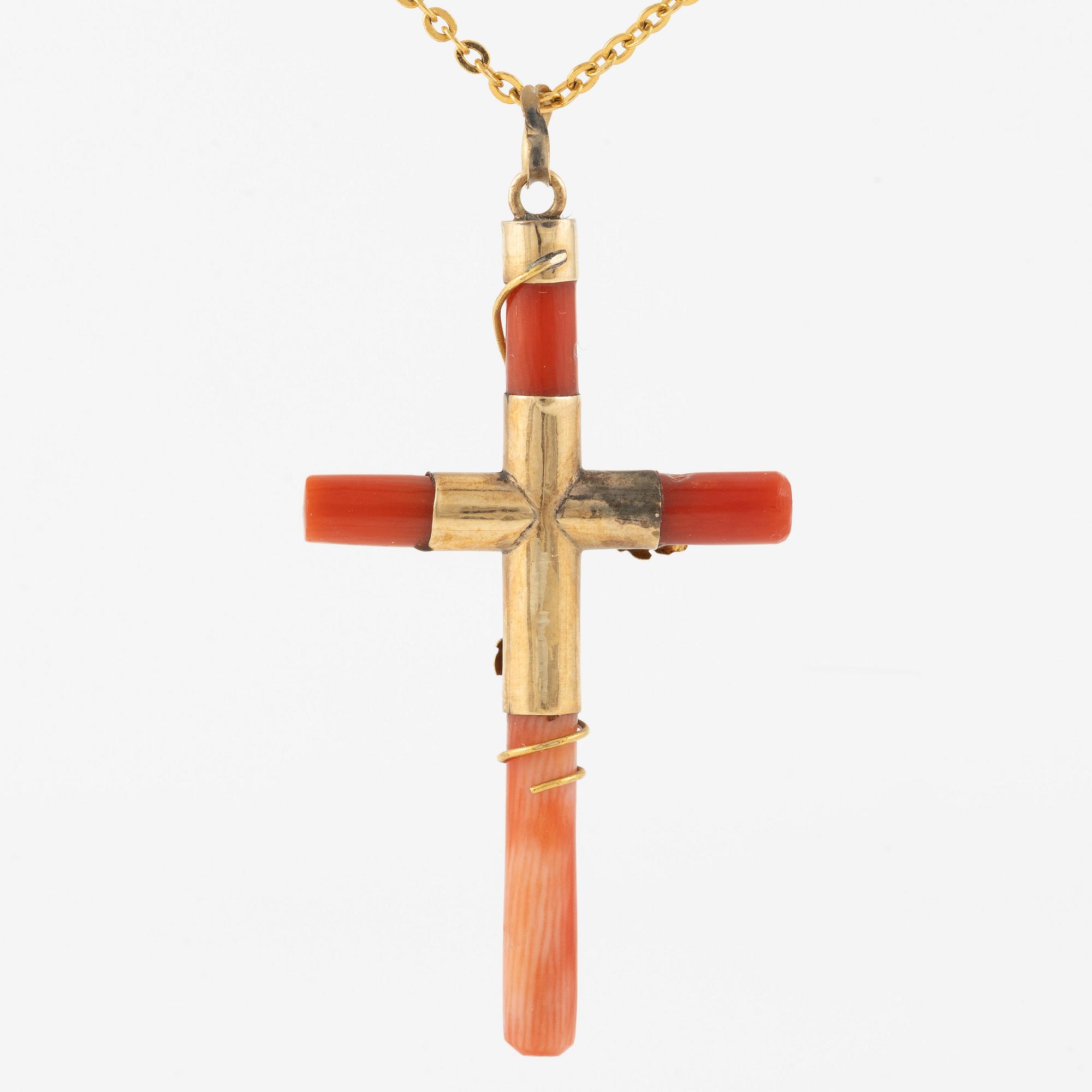 Pendant/cross in coral and 14K gold with a pearl.